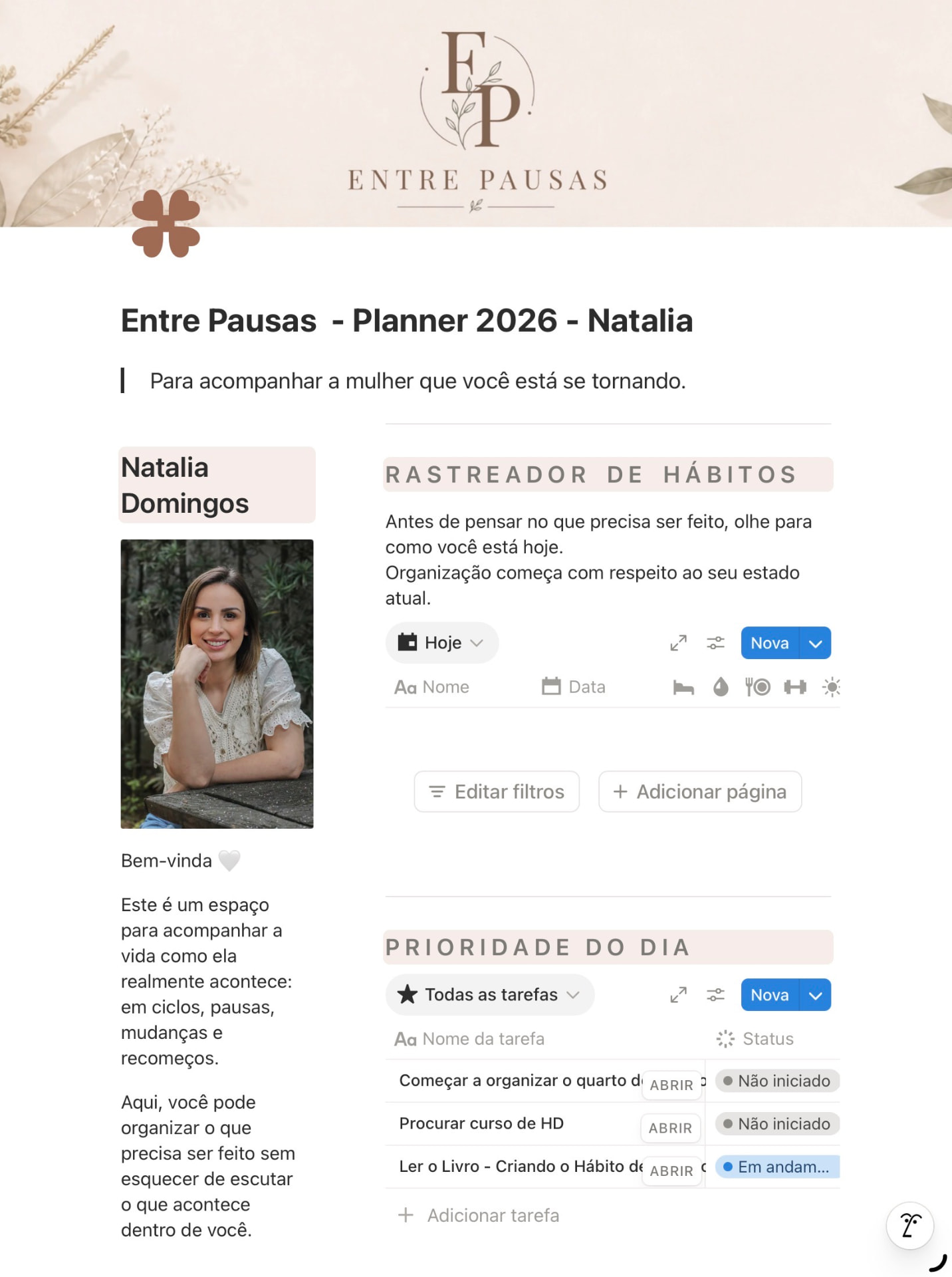 Prévia do planner digital Entre Pausas com rastreador de hábitos e prioridade do dia